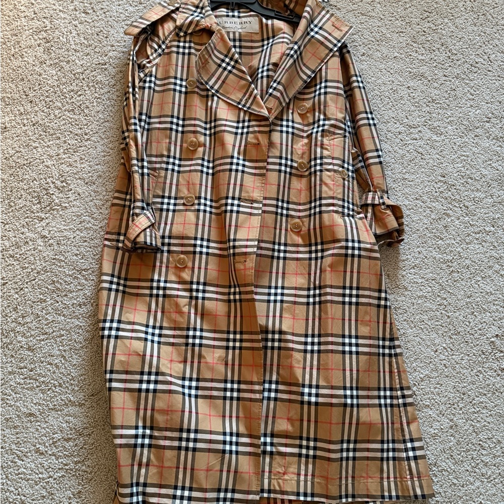 Burberry Beige Checkered Coat with Black and Red Accents NO BELT